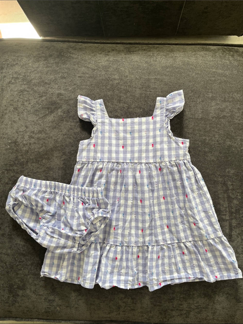 Blue Gingham Ruffle Sleeveless Kids Dress with Bloomers
